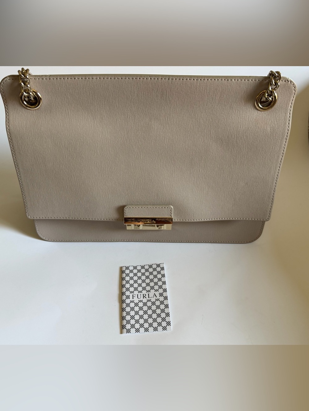 Furla Taupe Saffiano Leather Shoulder Bag with Gold Hardware